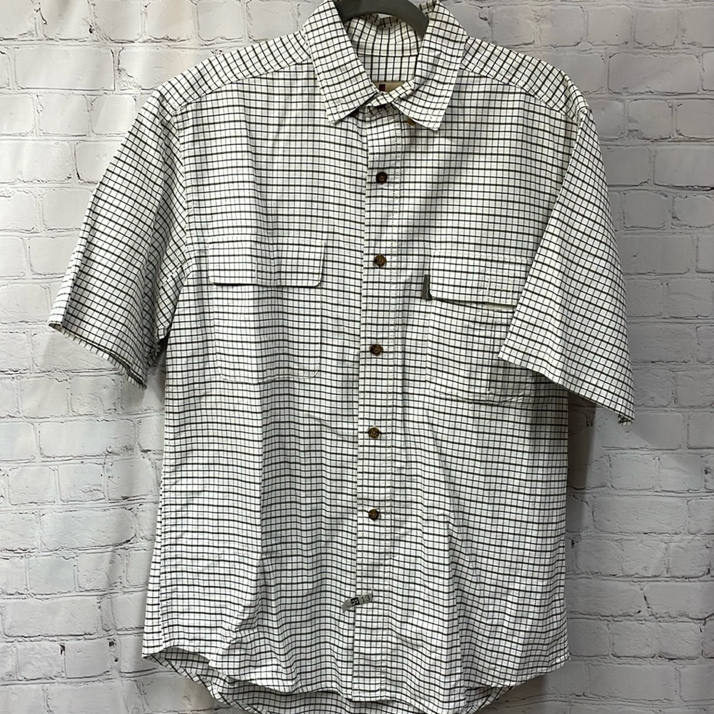 Woolrich gray & blue plaid vintage front pockets and buttons medium shirt